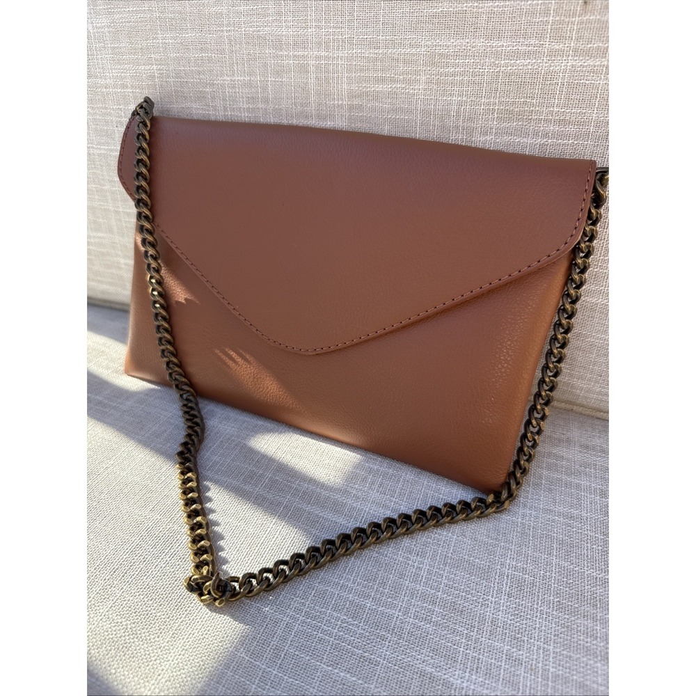 J. Crew Invitation Clutch Cognac Brown Leather Envelope Purse Chain Strap